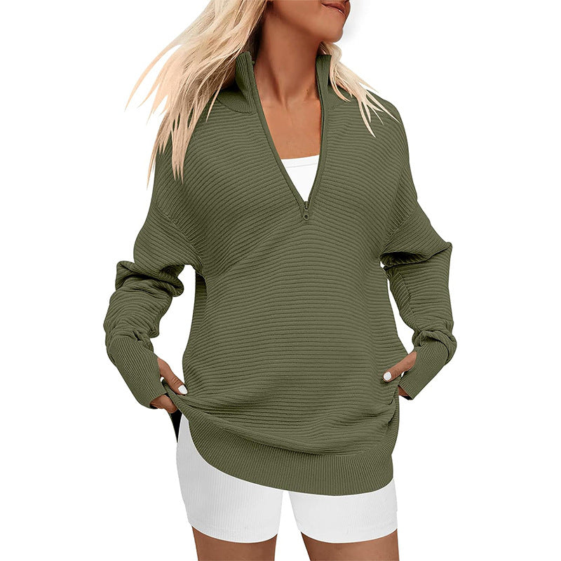 Ladies Oversized Fine Knit Sweater with Half Zipper, Stand Collar and Thumb Hole Sleeves Mune Fashion
