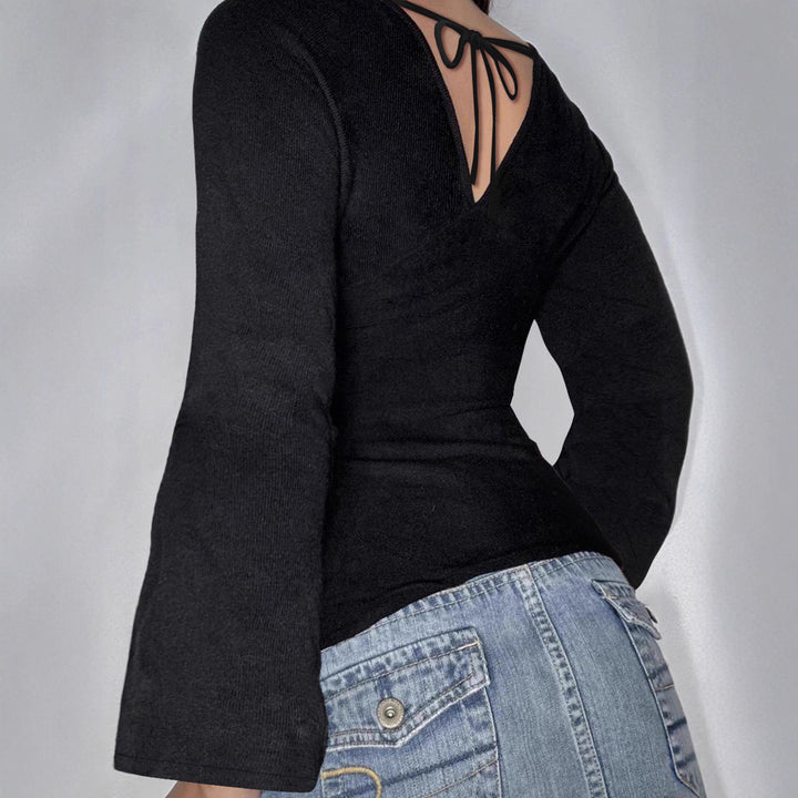 Women's figure-hugging long-sleeve top with deep V-neckline, neck tie for binding, and tailored silhouette Mune Fashion