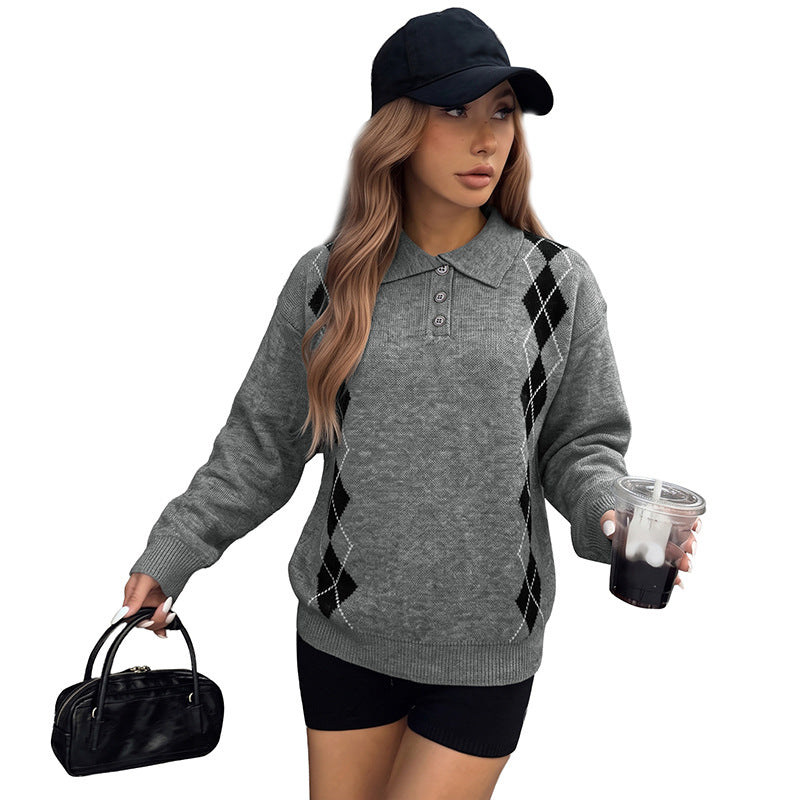 Women Elegant Knitted Sweater with Polo Collar and Diamond Pattern Mune Fashion