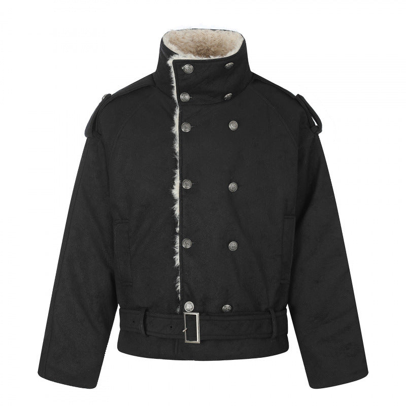 Men's short cut double-breasted aviator jacket with teddy lining, stand-up collar and waist belt Mune Fashion