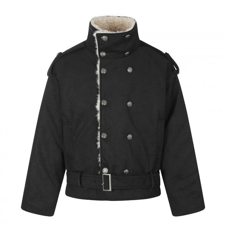 Men's short cut double-breasted aviator jacket with teddy lining, stand-up collar and waist belt Mune Fashion