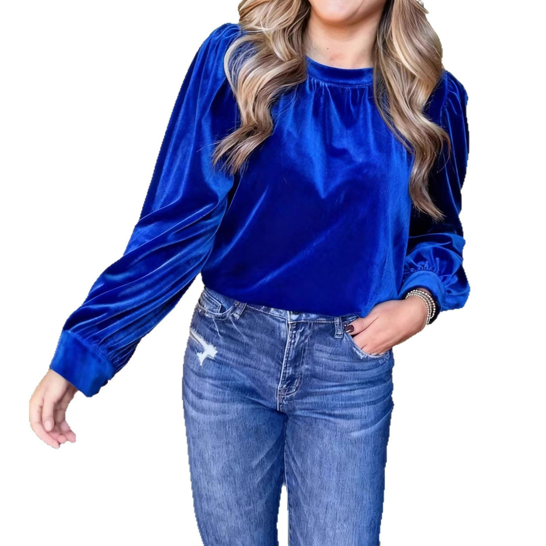 Ladies velvet blouse with balloon sleeves and gathered stand-up collar Drune