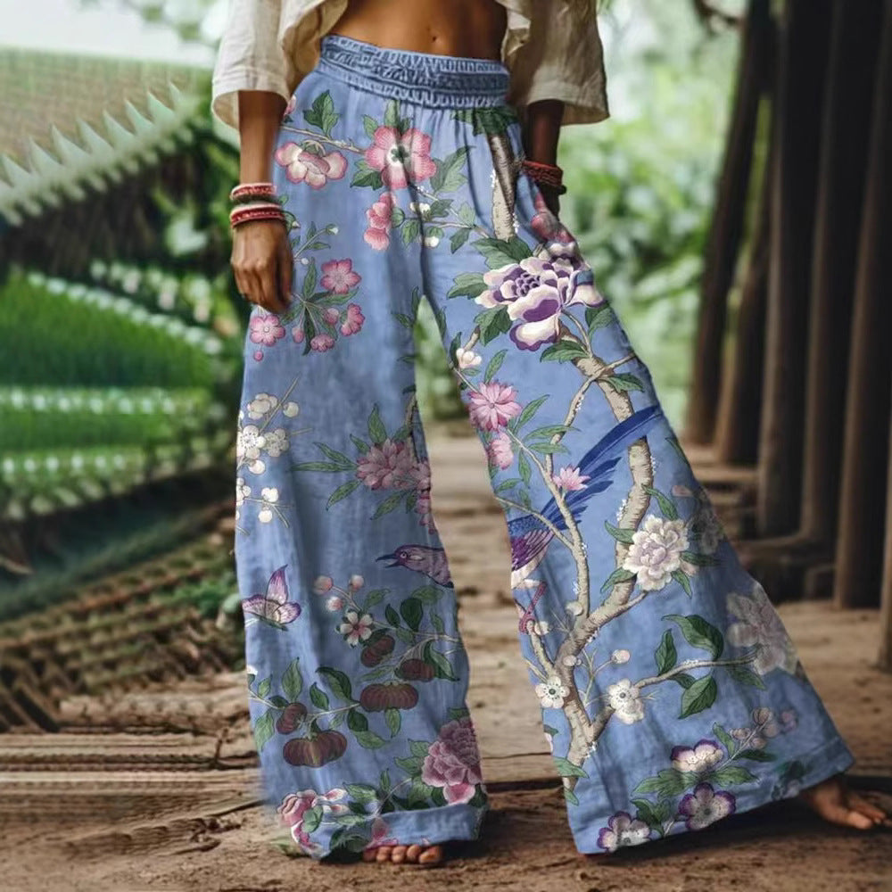 Women's Loose Summer Pants with Colorful Flower and Butterfly Print Mune Fashion