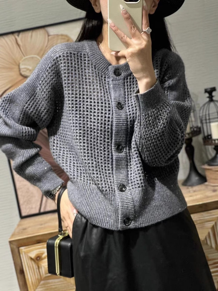 Women Loose Mesh Cardigan with Openwork, Round Neckline and Button Placket Mune Fashion