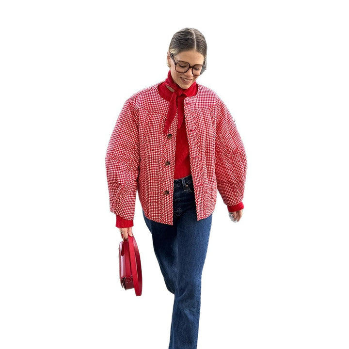 Women Padded Checked Boxy Padded Jacket with Button Closure Mune Fashion