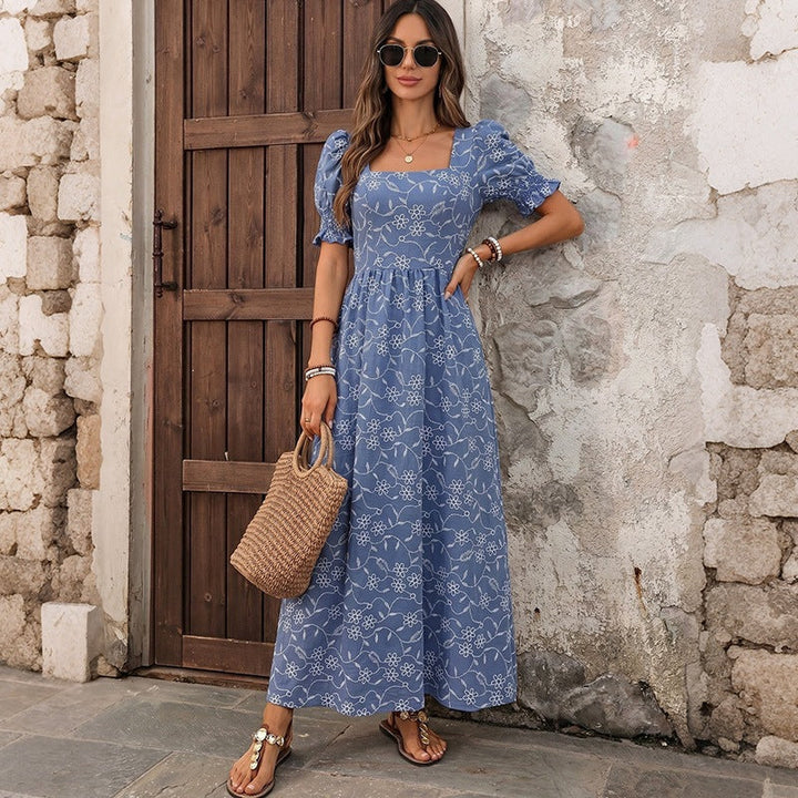 Women's Long Light Summer Maxi Dress with Square Neckline, Puff Sleeves and Floral Embroidery Look Mune Fashion