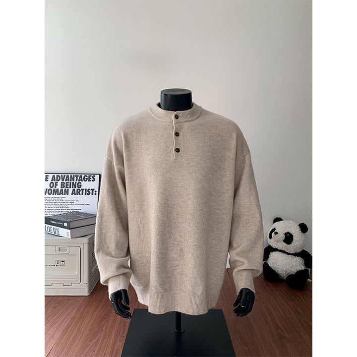 Men's Oversized Knit Sweater with Henley Collar and Half Button Placket Mune Fashion
