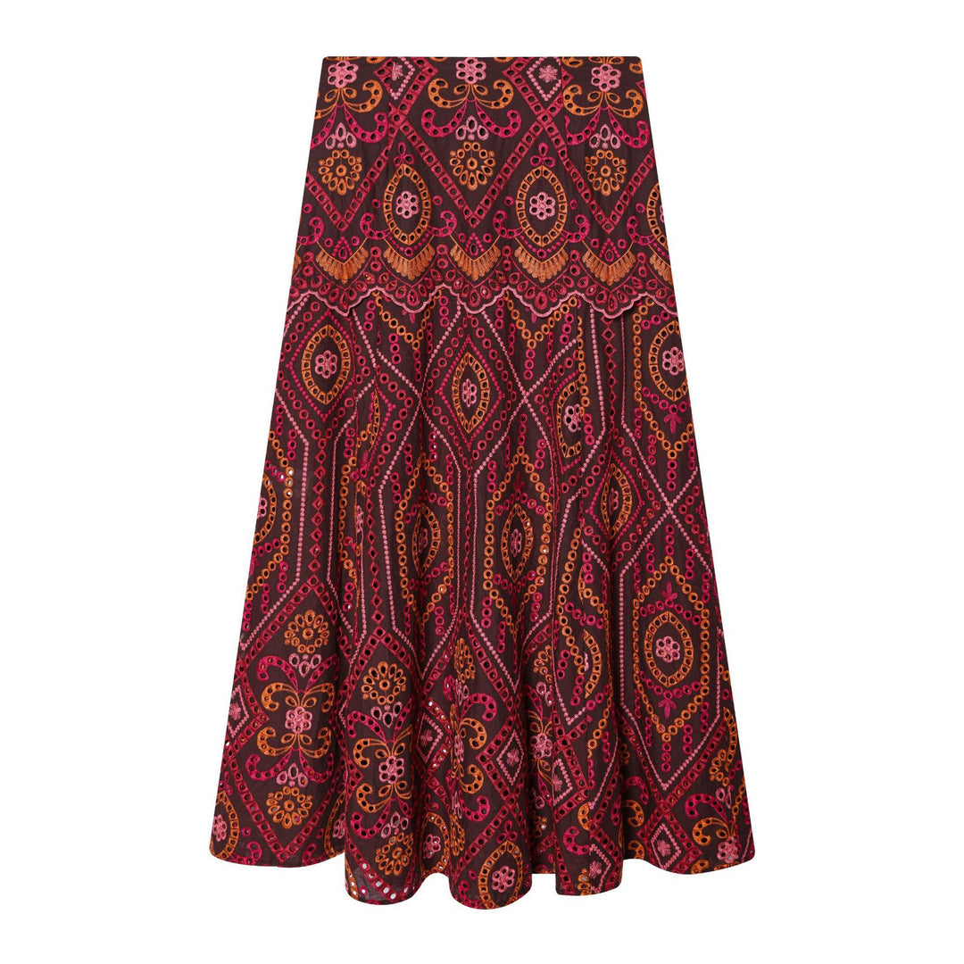 Women's embroidered A-line midi skirt with eyelet embroidery, tiered ruffle, and wavy hem Mune Fashion