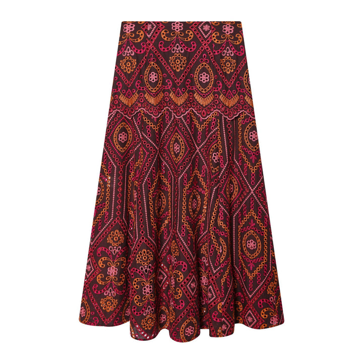 Women's embroidered A-line midi skirt with eyelet embroidery, tiered ruffle, and wavy hem Mune Fashion