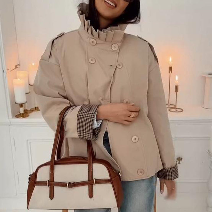 Women's Short Cut Boxy Utility Jacket with Pleated Collar and Check Inner Cuffs Mune Fashion