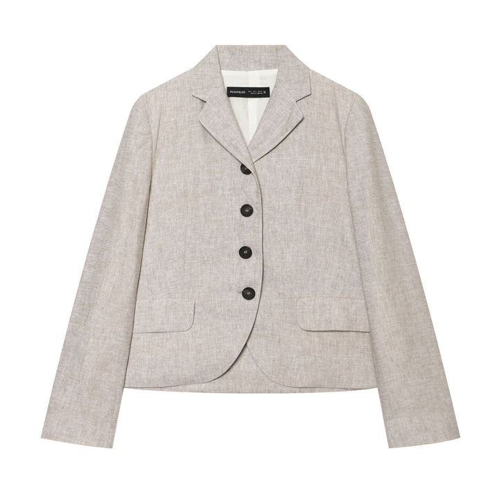 Women's cropped linen blazer with falling lapel multiple button placket and patch pockets Mune Fashion