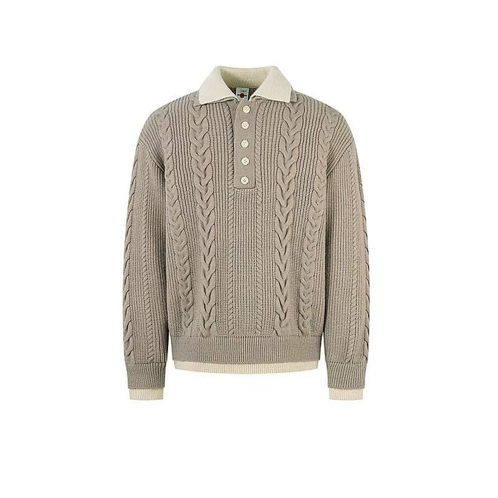 Men's chunky knit pullover with stand-up collar and button placket Mune Fashion