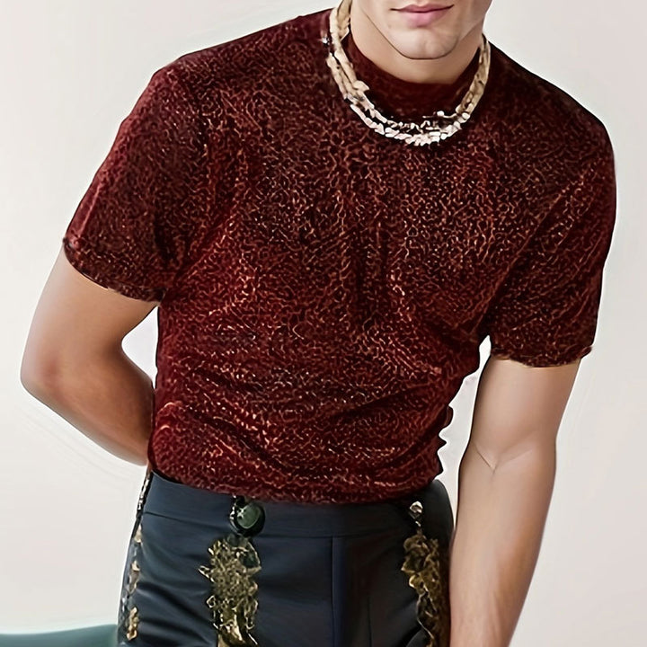 Women shimmering short-sleeve shirt with high round neckline and textured animal print look Mune Fashion