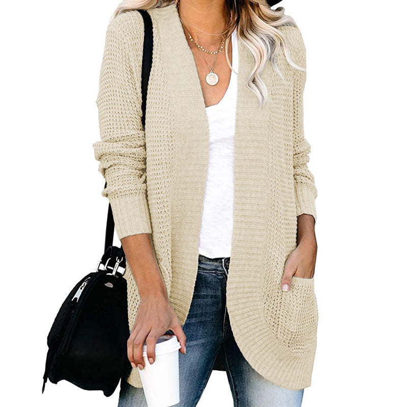 Women Long Open Knit Cardigan with Pockets, Ribbed Cuffs and Structured Waffle Look Mune Fashion
