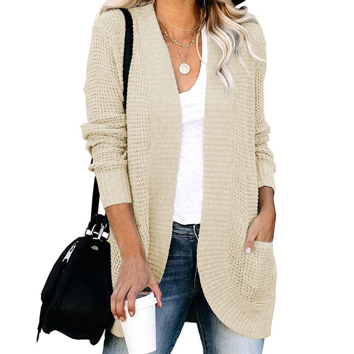Women Long Open Knit Cardigan with Pockets, Ribbed Cuffs and Structured Waffle Look Mune Fashion