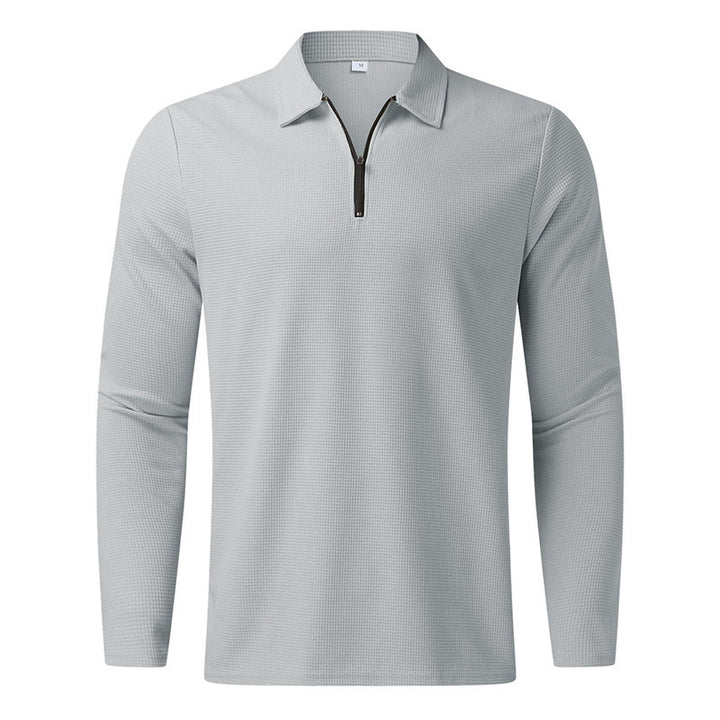 Men's long-sleeved polo shirt with kent collar, short front zip and fine waffle texture Mune Fashion