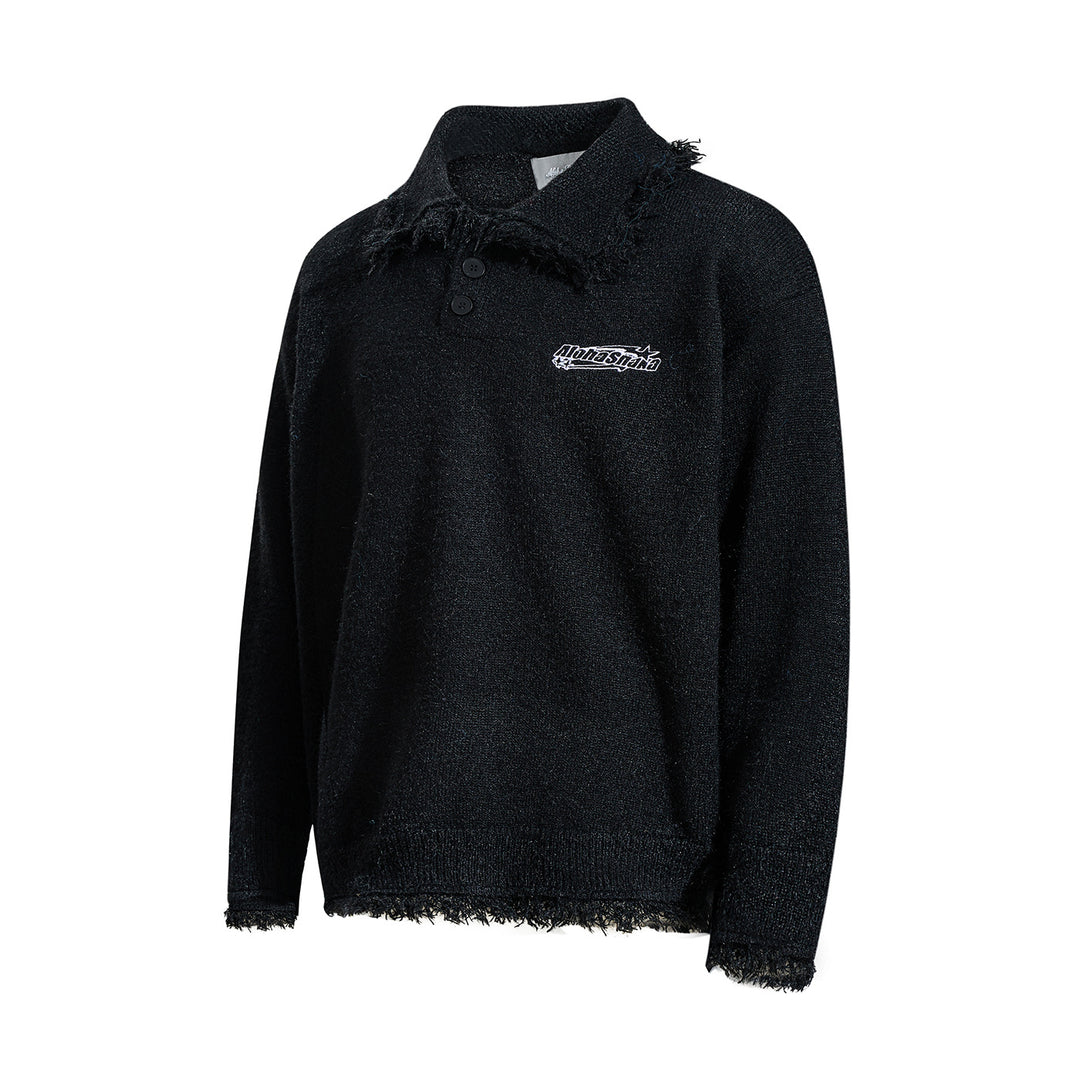 Unisex Chunky Knit Polo Collar Sweater with Fringe Trim Mune Fashion