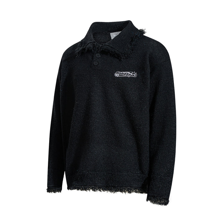 Unisex Chunky Knit Polo Collar Sweater with Fringe Trim Mune Fashion