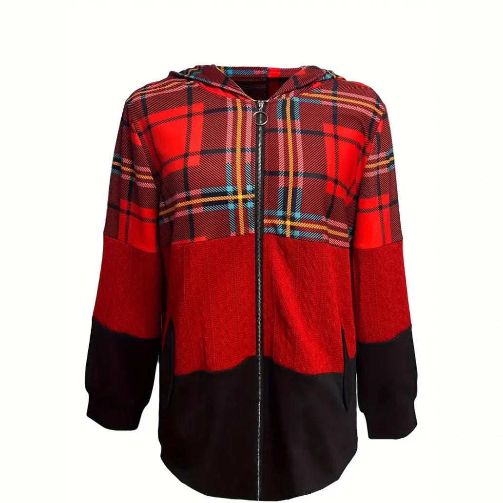 Women's long patchwork-style hooded jacket with check and knit inserts, front zipper and side pockets Mune Fashion
