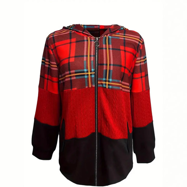 Women's long patchwork-style hooded jacket with check and knit inserts, front zipper and side pockets Mune Fashion