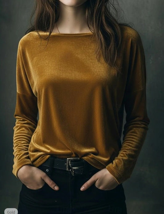 Women's fine velour long-sleeve shirt with boat neckline and boxy silhouette Mune Fashion