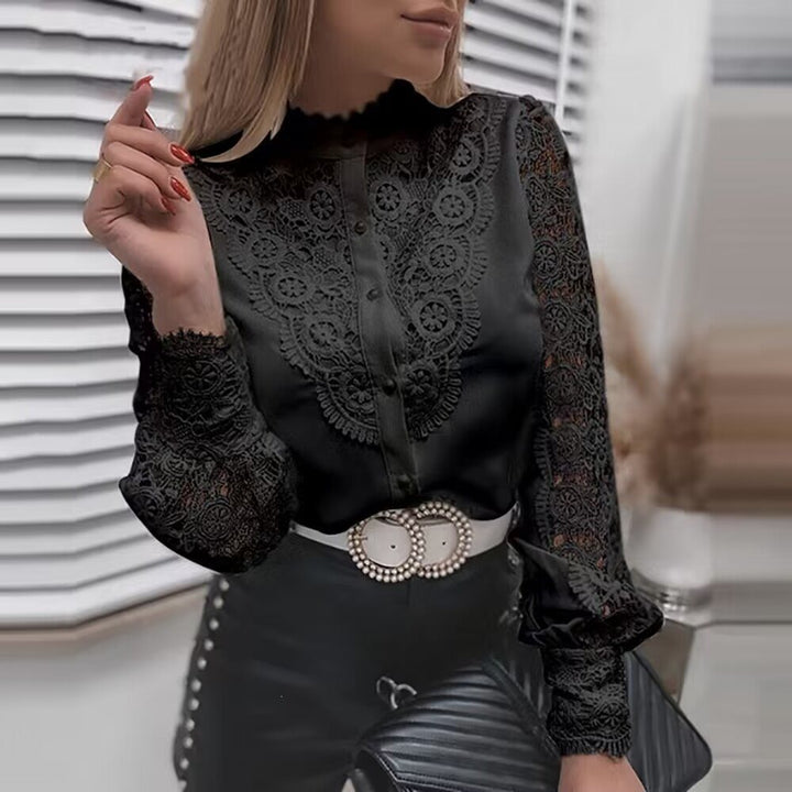 Ladies Elegant Shirt Blouse with Lace Inserts, Classic Collar and Cuffs Mune Fashion
