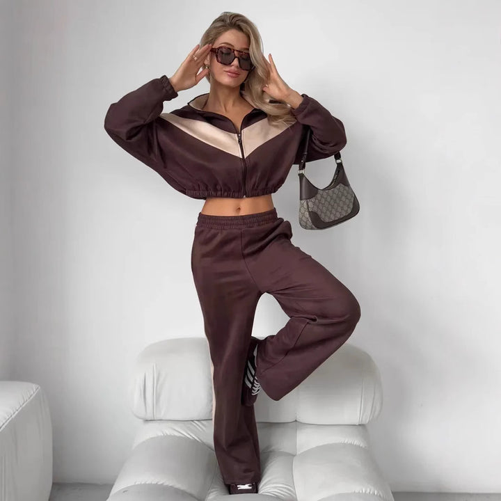 Women's cropped zip jacket and wide track pants with contrasting side stripe Mune Fashion