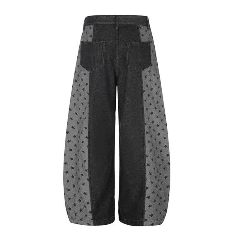 Women's Wide Denim Palazzo Pants with Contrast Sides, Star Print and Patch Pockets Mune Fashion