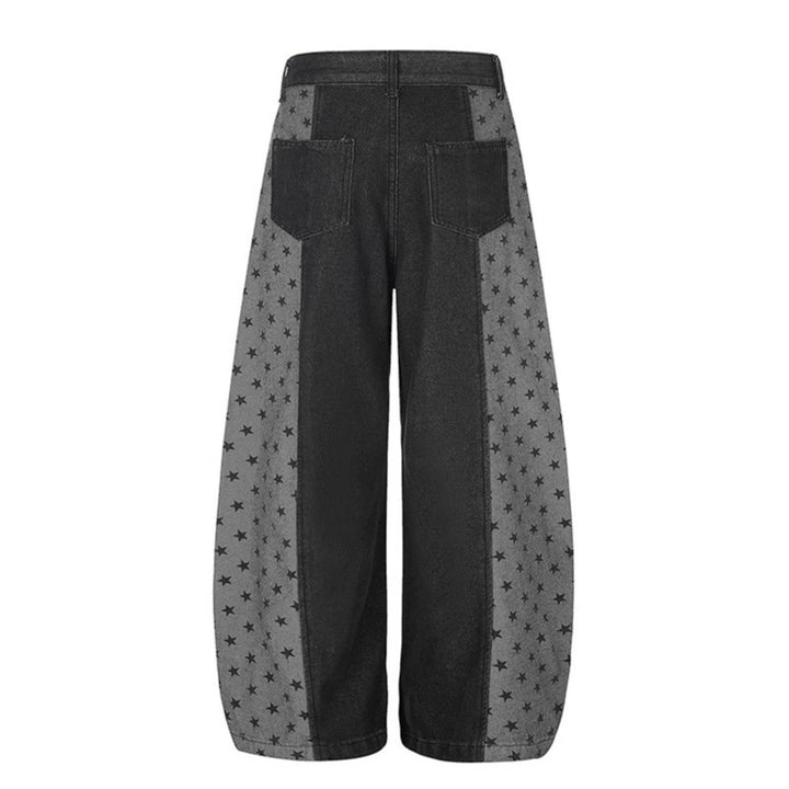 Women's Wide Denim Palazzo Pants with Contrast Sides, Star Print and Patch Pockets Mune Fashion