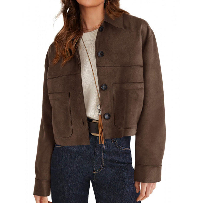 Women's short suede-look jacket with patch pockets and shirt collar Mune Fashion