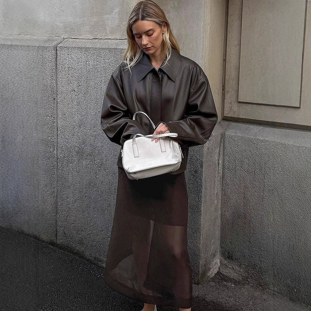 Ladies Cropped Boxy Jacket made of faux leather with oversized collar and concealed zipper placket Mune Fashion