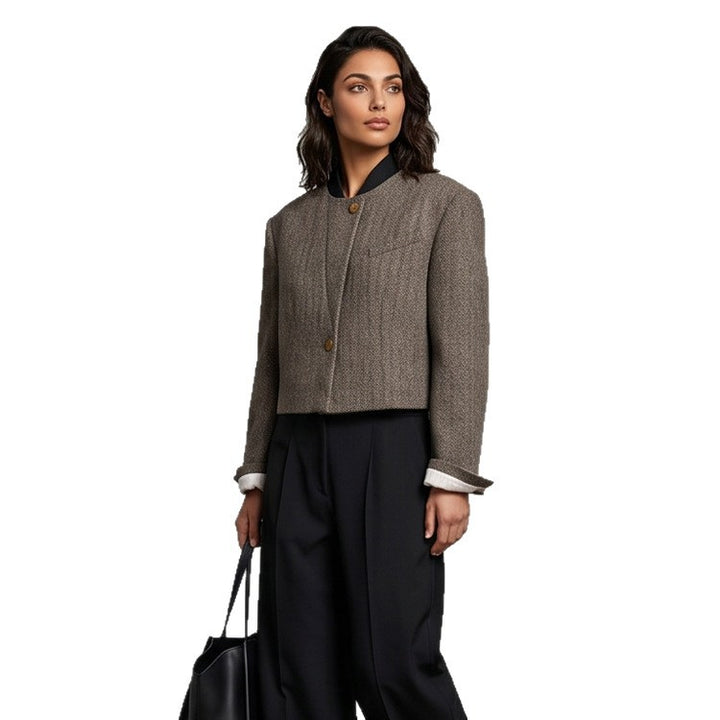 Ladies Short Cut Wool Blazer with Stand-up Collar and Herringbone Pattern Mune Fashion