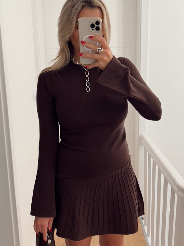 Women's Tailored Fine Knit Mini Dress with Pleated Skirt and Flared Sleeves Mune Fashion