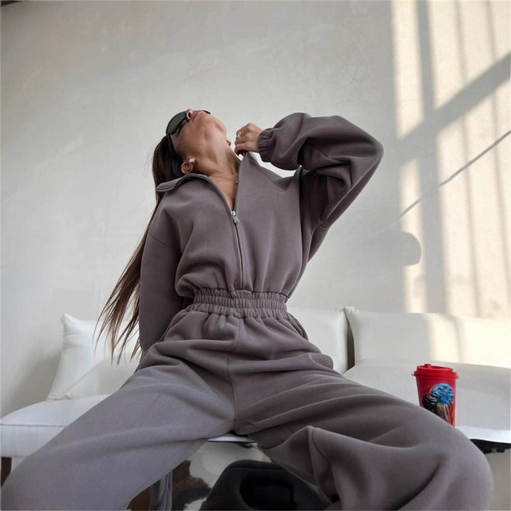 Women Loungewear Set with Half Zipper, Elastic Waistband and Wide Jogging Pants Mune Fashion