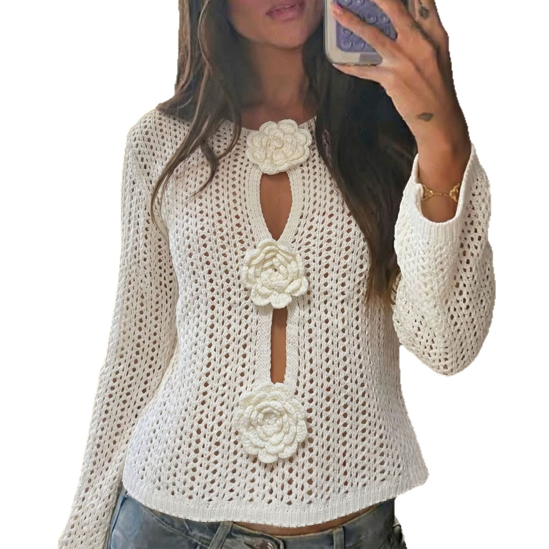 Ladies Ajour Knit Cardigan with 3D Flower Appliqué Mune Fashion