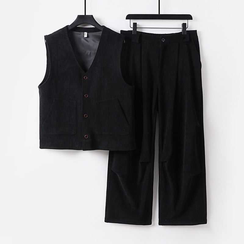 Men's cord loungewear set with V-neck vest and wide pleated trousers Mune Fashion