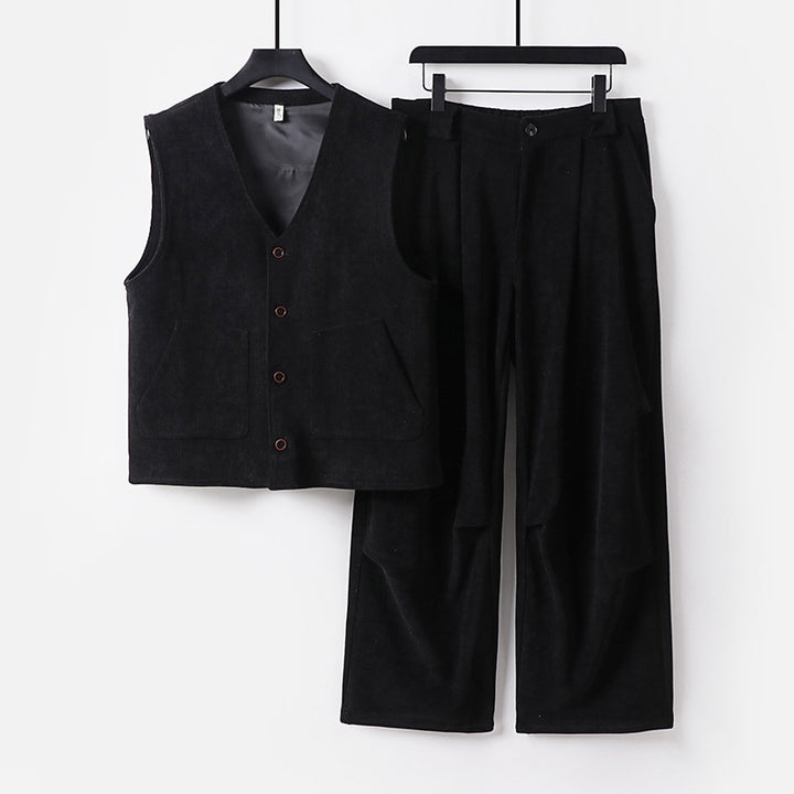 Men's cord loungewear set with V-neck vest and wide pleated trousers Mune Fashion