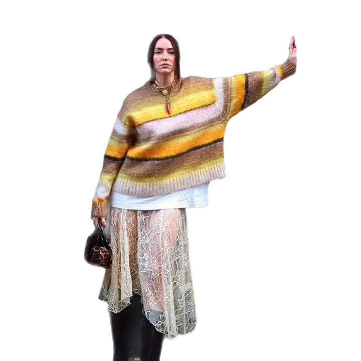 Women's Cozy Striped Sweater made of fluffy Mohair mix with round neckline and oversized silhouette