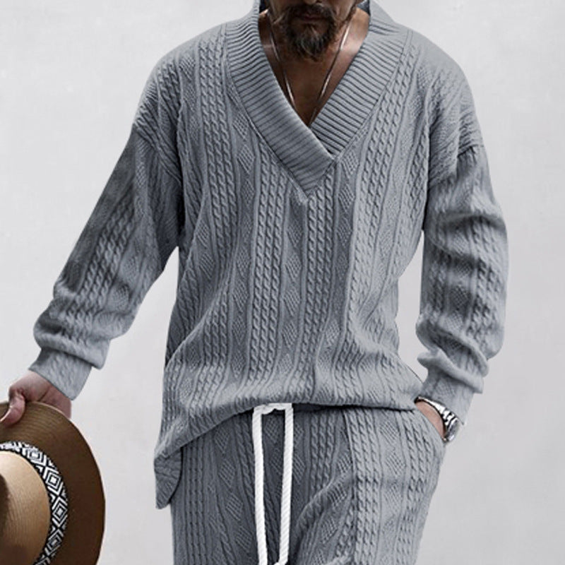 Men's Cable Knit Loungewear Set with Deep V-Neck, Relaxed Fit & Drawstring Pants Mune Fashion