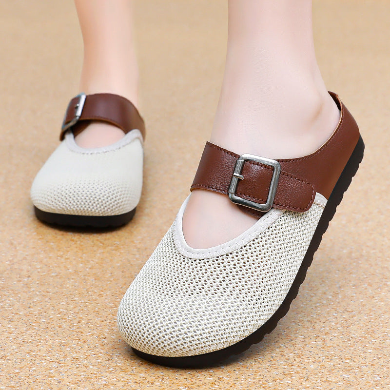 Women knitted comfort mule with adjustable leather strap, breathable knitted upper and cushioning EVA outsole Mune Fashion