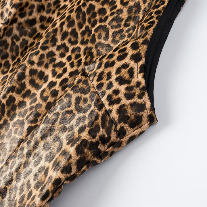 Women's Leopard Mini Dress with Thin Straps and High Neckline Mune Fashion