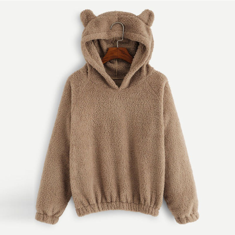 Women's Cozy Teddy Hooded Sweater with Bear Ears and Drawstring Hem Mune Fashion