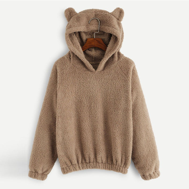 Women's Cozy Teddy Hooded Sweater with Bear Ears and Drawstring Hem Mune Fashion