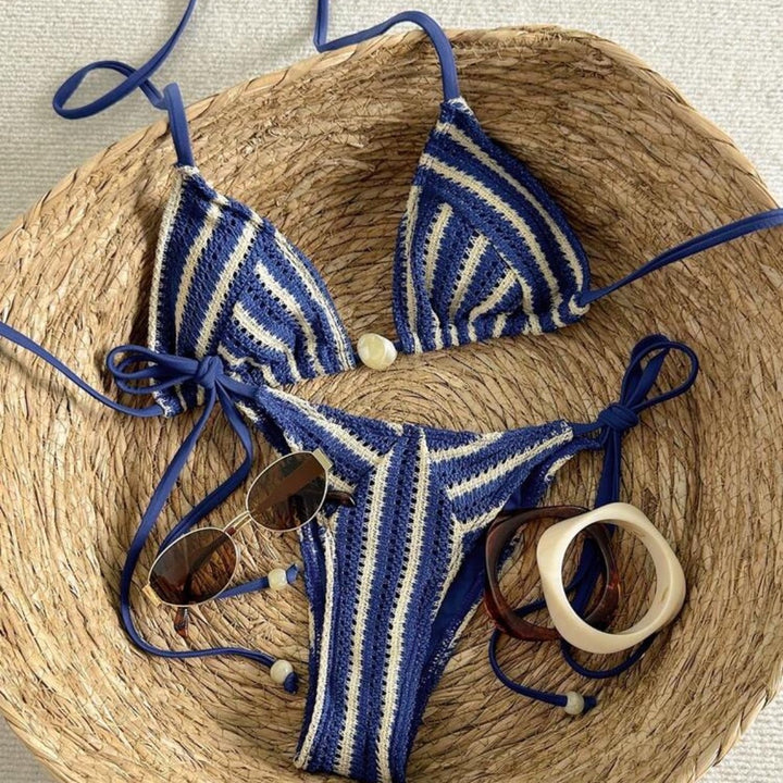 Ladies Hand-Crocheted Bikini with Maritime Stripe Pattern Mune Fashion