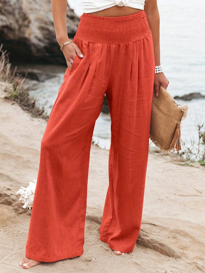 Women's Wide Linen Pants with Smocked Band and Side Pockets Mune Fashion