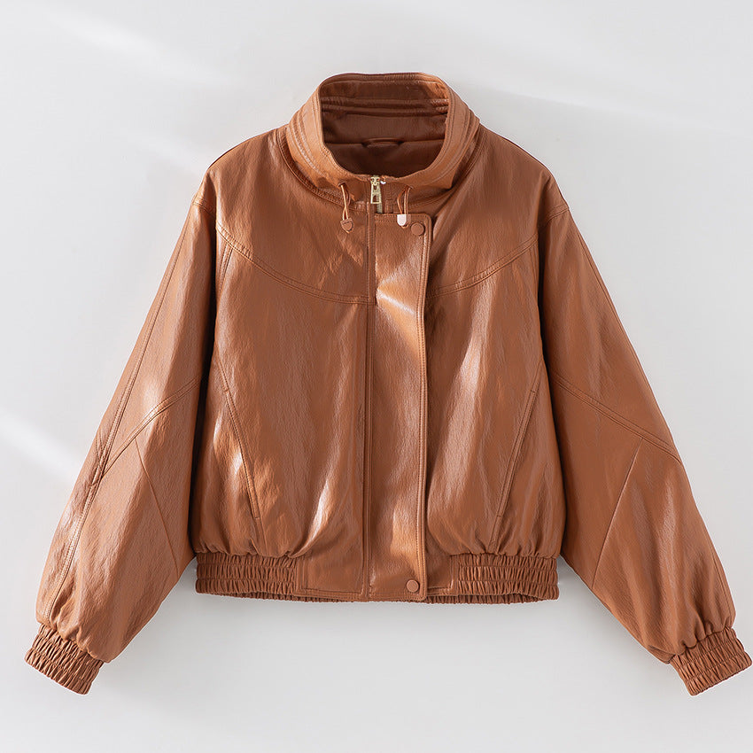 Women Oversized Faux Leather Bomber Jacket with Stand-up Collar and Elastic Hem Mune Fashion