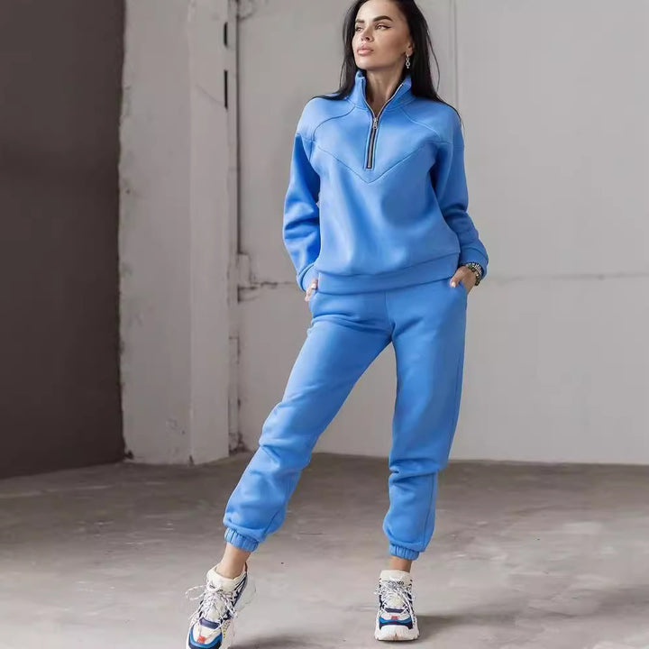 Women's Two-Piece Sweat Loungewear Set with Troyer Zipper and Elastic Jogging Pants Mune Fashion