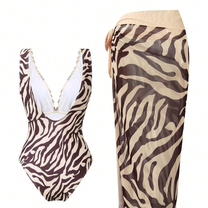 Women Elegant Beachwear Suit with Deep V-Neck and Belt Mune Fashion