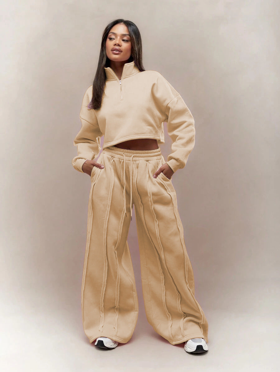 Women Crop-Half-Zip Sweatshirt and High-Waist Wide-Leg Lounge Pants Set with Visible Stitching Details Mune Fashion