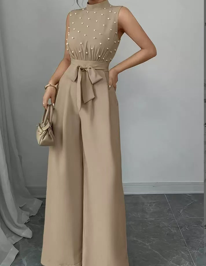 Women's Elegant Jumpsuit with Pearl Embellishment, Stand Collar and Wide Palazzo Leg Mune Fashion